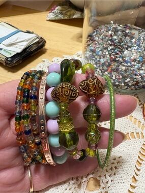 Stacked Green and Multicolor 5 Women's Beaded Bracelet Set